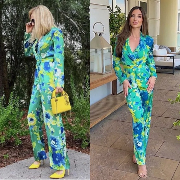 🦜 ZARA GREEN BLUE YELLOW FLORAL SATIN WIDE LEG LONG SLEEVE JUMPSUIT! - Picture 7 of 16